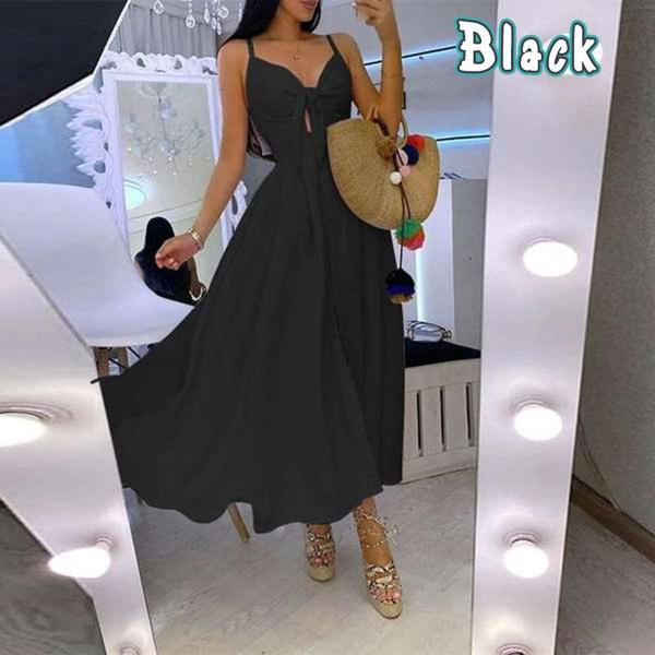 Modische Kleider für Damen, tiefer V-Ausschnitt, ärmellos, Maxi, lässig, Träger, Bohemian-Kleid, Strandkleidung M schwarz