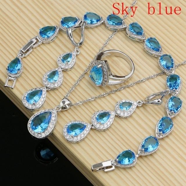 925 Sterling Silber Schmuck Weiß Cz Blau Zirkon Schmuck Sets Für Frauen Ohrringe/Anhänger/Halskette/Ringe/Armband 7 himmelblaue