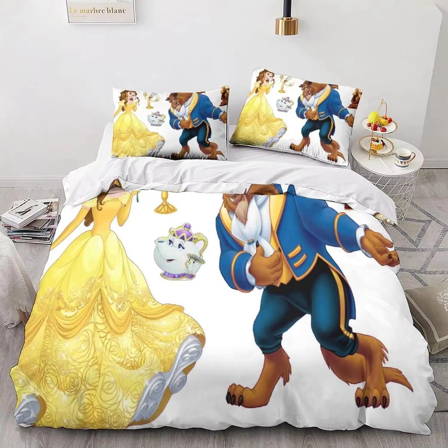 Die Schöne und das Biest Bettwäsche-Set, Anime Bettwäsche Bettwäsche-Sets Weiche Mikrofaser Bettbezug, Bettdeckenbezug mit Reißverschluss Für Kinder Jungen AU Single 140*210cm/55x83in 3pcs