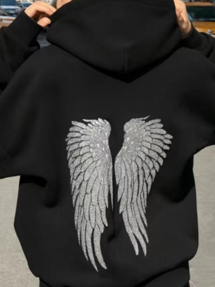 Y2K Retro Flügel Pailletten Hoodie Engelsflügel Ornament Sweatshirt Harajuku Süße Lady Casual Streetwear Relaxed Fit Pullover Mantel XXXL schwarz