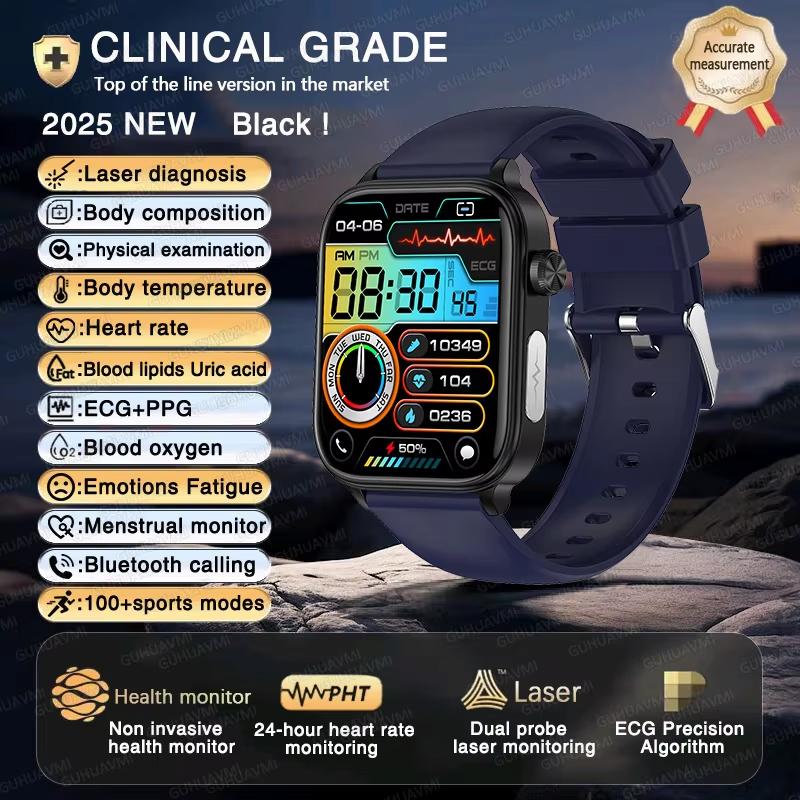 2025 Neue EKG+PPG KI Gesundheitsdiagnose Smartwatch Herren Damen Uhr Blutfett BD Harnsäure Herzfrequenz Tracker Blue silicone belt