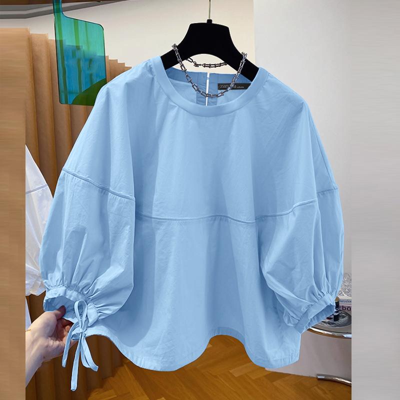 ZANZEA Damen Lässige Bluse mit Rundhalsausschnitt, einfarbig, lockere Bluse mit 3/4-Ärmeln S blau