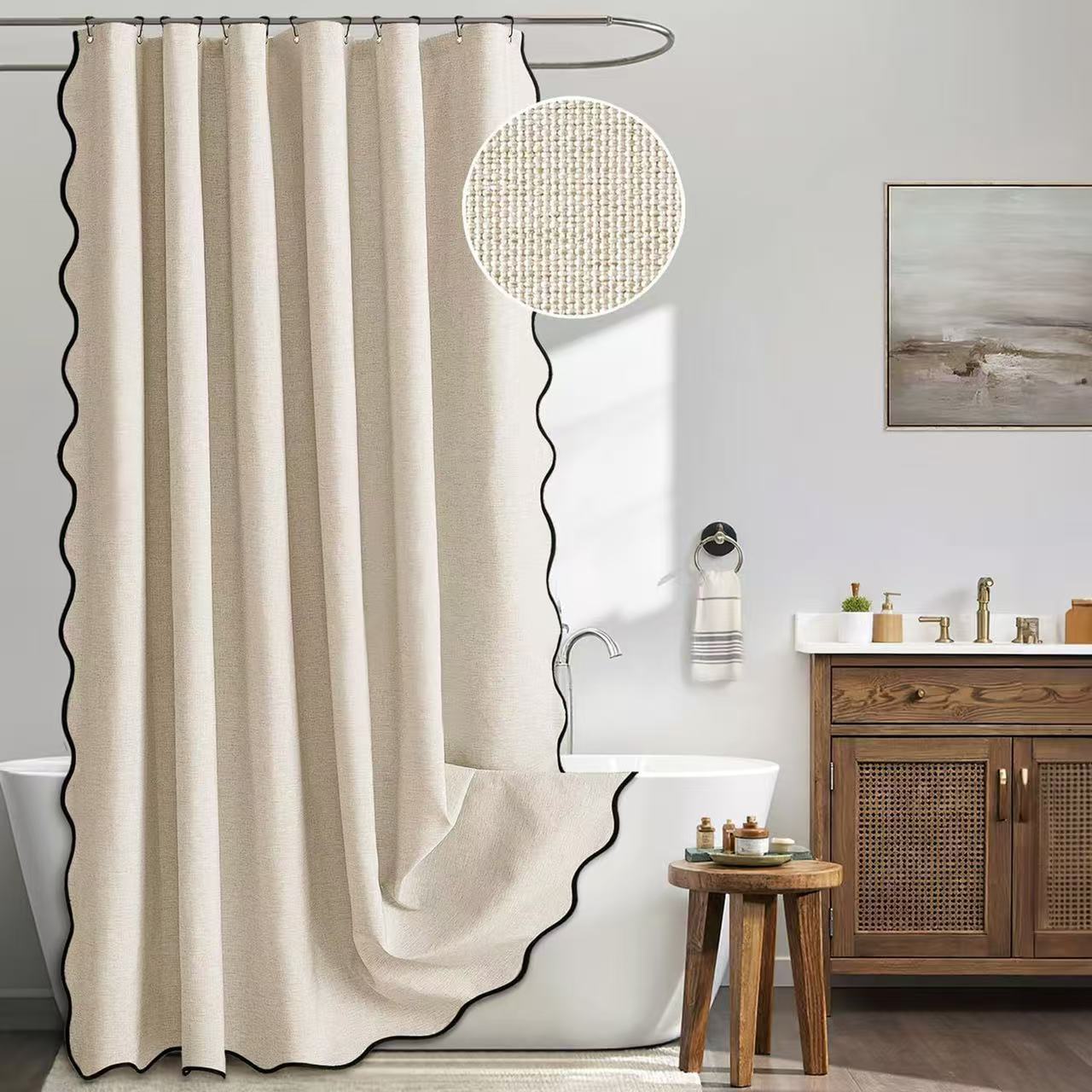 Faux Leinen Wellenkante Duschvorhang Wasserdicht Badezimmer Trennwand Sichtschutz Vorhang Duschvorhang Badewannen Dekoration 200*220cm beige
