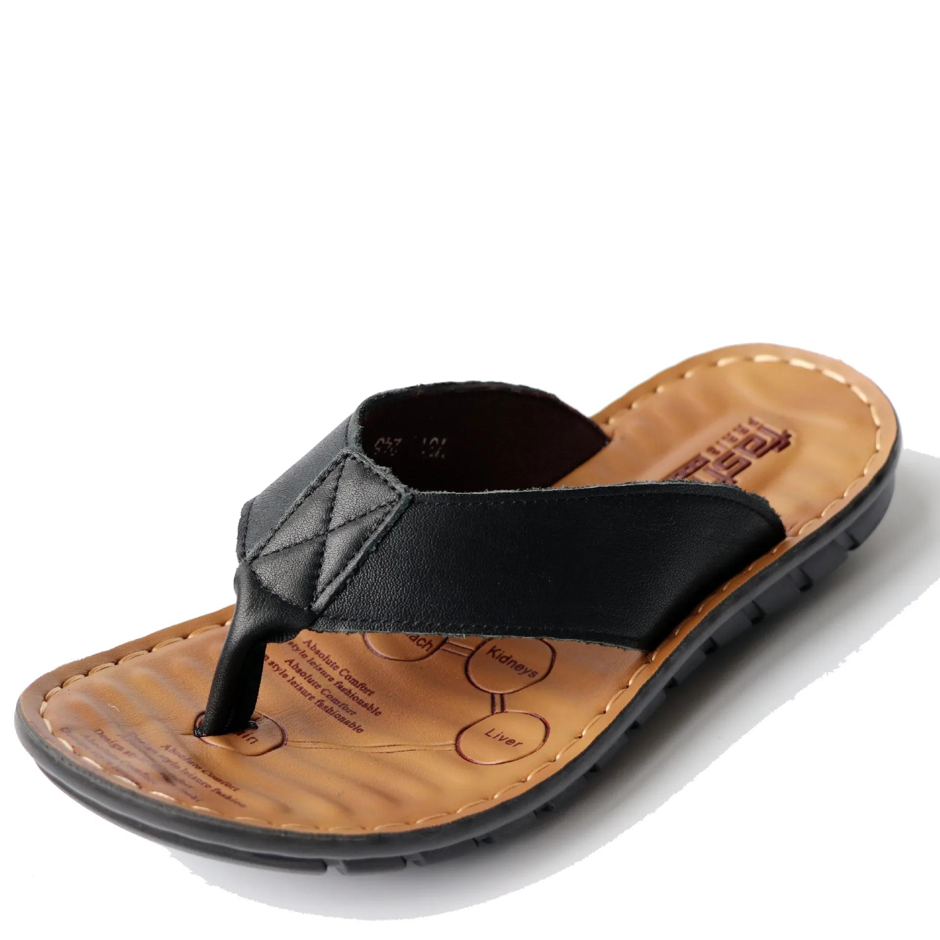 Sommerschuhe Leder Herren Flip Flops Schuhe Outdoor Strand Casual Flache Hausschuhe Trend Flache rutschfeste Clip Toe Sandalias Große Größe 43 schwarz