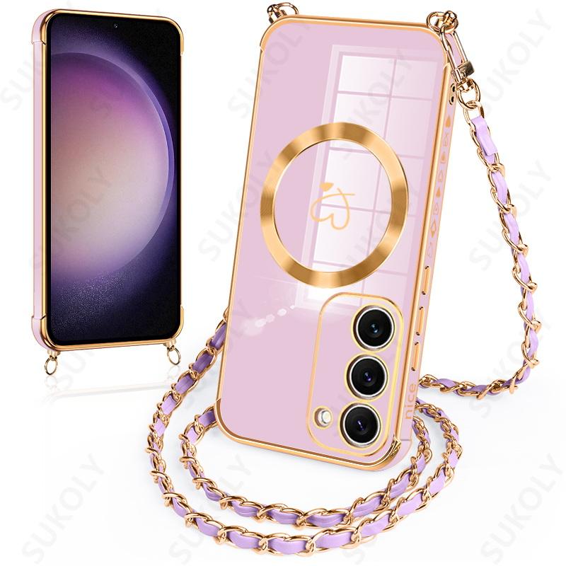 Umhänge-Lanyard-Hülle Für Samsung Galaxy S26 S23 S24 S25 Ultra S21 S23 S24 FE Für Magsafe Magnetisches Laden Weiche Handyhülle Samsung S24 violett