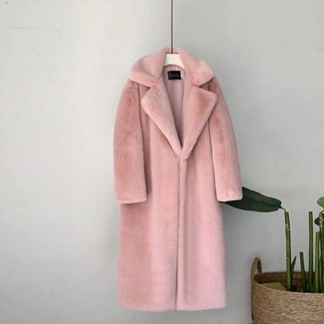 Frauen Winter Warm Faux Pelzmantel Dicke Frauen Langen Mantel Drehen Unten Kragen Frauen Warme Mantel Mit Gürtel Casaco feminino S rosa