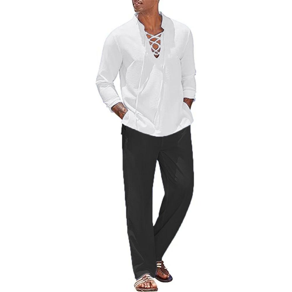2-teiliges Set Herrenhemd und Hose aus Baumwollleinen, Anzüge für Männer, Strandkleidung, Trainingsanzug, Männer, einfarbige Hemden, Jogginghose, leicht XXXL weiß/schwarz
