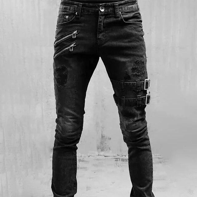 Retro Moto Biker Gerade Elastische Jeans Männer Zipper Loch Streetwear Punk Dünne Denim Cargo Hosen Pantalones Hombre Y2K Kleidung XXXL schwarz