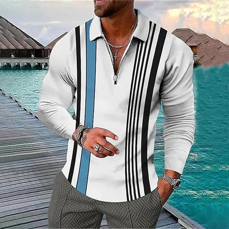Frühling Herbst Herren Langarmshirts Poloshirt Reißverschluss Poloshirt Herren Casual Poloshirt Mode Streifen Golf Poloshirt 4XL