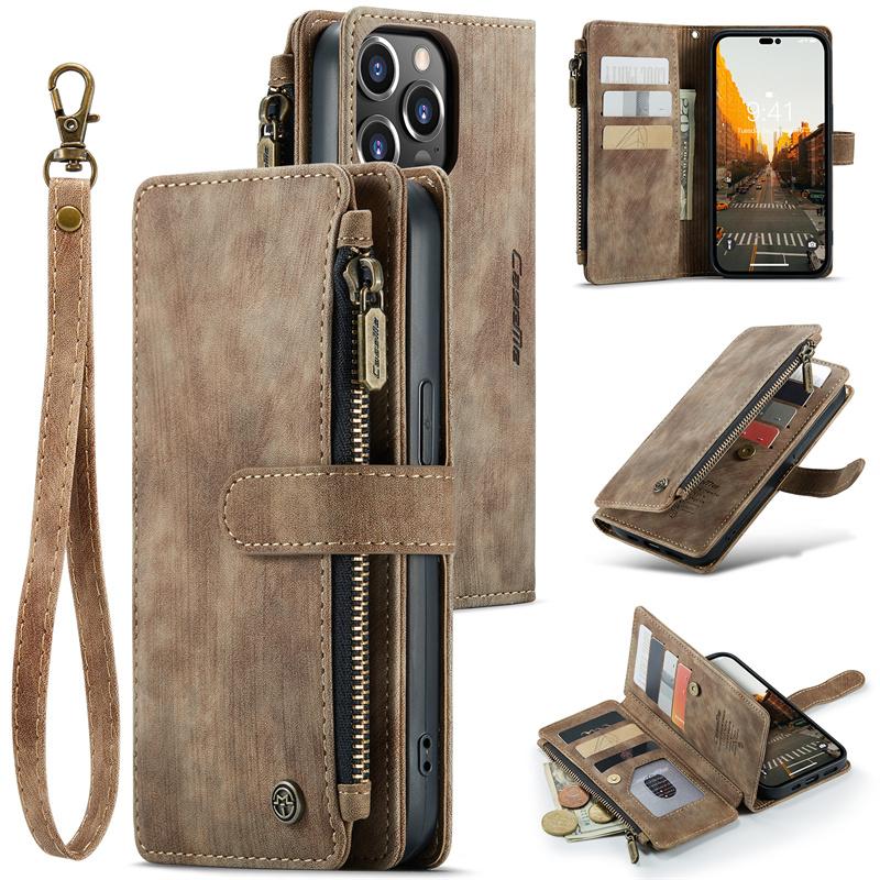 CaseMe Flip Leder Handyhülle für iPhone 11 12 13 14 15 Pro Max XS XR X SE 2022 8 7 Samsung S23 Plus S22 S21 FE S20 Note 20 Reißverschluss Portemonnaie Kartenhülle Samsung S21 braun