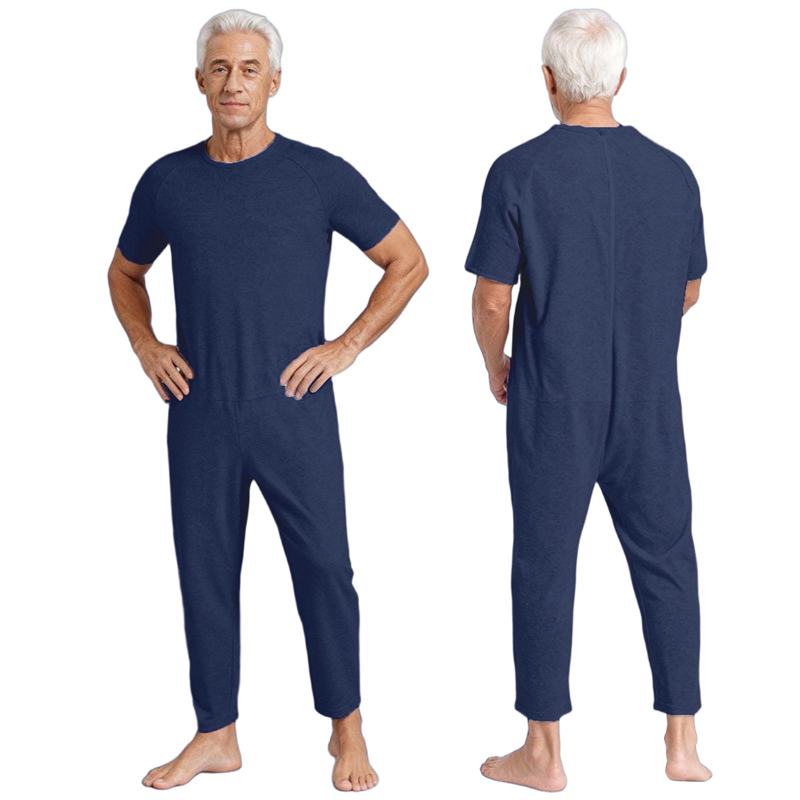 Herren Adaptive Kleidung Einfarbiger Rundhalsausschnitt Kurzarm Reißverschluss hinten Jumpsuit Spezielle Bedürfnisse Kleidung XL dunkelblaue