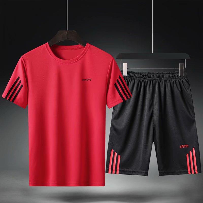 Casual Anzug Jogginghose Sommer Solide Streifen Trainingsanzug Zwei Stück T-shirts + Shorts Herren Sportswear Jogger Slim Fit Sportsuit L rot