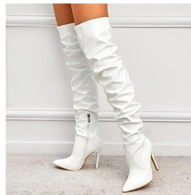 Mode Overknee-Stiefel Damenmode Spitzschuh Schwarz Seitlicher Reißverschluss Dünne High Heels Weibliche Glänzende Plissee High Heel Botas 2024 40 weiß