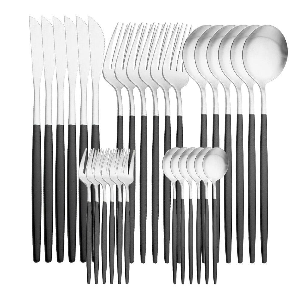 30 Stücke Mattschwarz Silber Geschirr Set Edelstahl Messer Kuchen Gabel Tee Löffel Besteck Besteck Set Küche Geschirr Set schwarz/silber