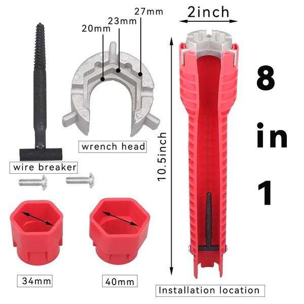 1 Set Multifunktions-Wasserhahn- und Waschbecken-Installationsschlüssel, Sanitär-Werkzeuge, Sanitär-Schraubenschlüssel, Küche, Badezimmer, Sanitär-Reparatur 8 in 1 rot