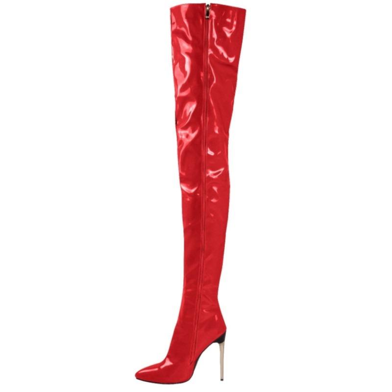 Mode Neu Sexy Mode Lackleder Damen Overknee Stiefel Schwarz Weiß Lange Stiefel Damen Spitzschuh Klassische High Heels Schuhe Groß 38 rot