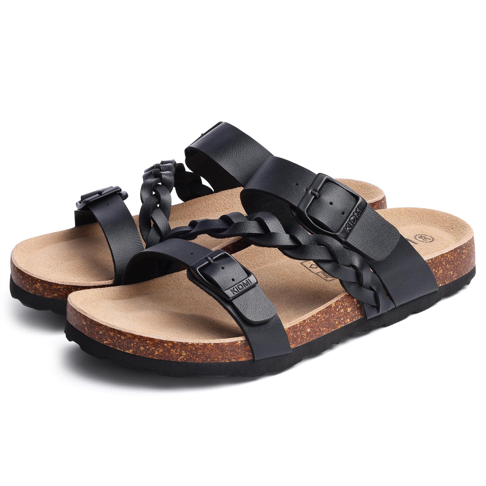 Fashion Litfun Damenmode Kork-Sandalen Neu Sommer Damen Strand-Sandalen mit Doppelschnalle Bequeme Kork-Lauf-Sandalen mit Fußgewölbeunterstützung 42 schwarz