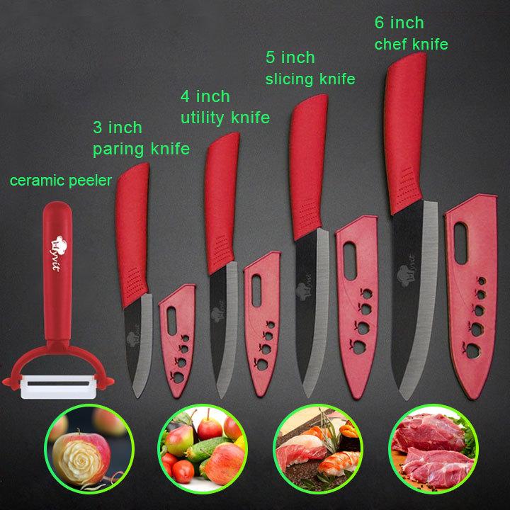 Keramikmesser, Küchenmesser, 3, 4, 5, 6 Zoll, Kochmesser, Kochset + Schäler, weiße Zirkonia-Klinge, mehrfarbiger Griff, Küchenmesser und Zubehör, Messersets rot