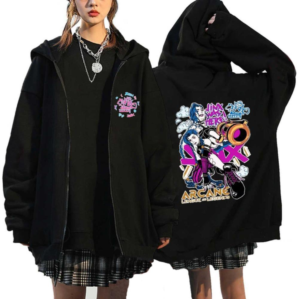 Arcane Jinx Jacke Reißverschluss Mono Doll Rabbit Graffiti Style Grunge Sweatshirt Schwarz Kapuzenpullover Anime Sweatshirt Straßenkleidung Unisex XL