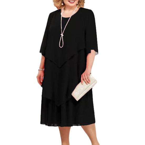 Midikleid mit Rundhalsausschnitt, Halbarm, mehrlagigem Saum, fließendes Party-Hochzeitskleid für Gäste 2XL schwarz