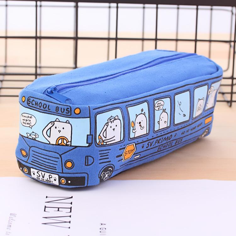 Cartoon-Bus-Bleistiftbeutel, Segeltuch, großes Fassungsvermögen, Auto-Reißverschluss, Stiftmäppchen für Studenten, Schreibwaren, Schulbedarf blau