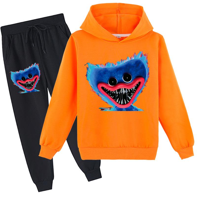 Kinder 3D Hoodie Set Huggy Wuggy Pullover Trainingsanzug Poppy Playtime Kinder Pullover + Hose 100cm orange