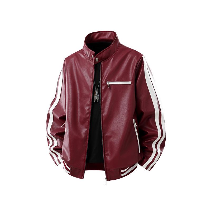 Herren Trendy Lederjacke mit Stehkragen - Lockere Passform, Lässig, Modisch, Bequemes Gewebe mit Schlichtem Linienmuster. XL wein rot