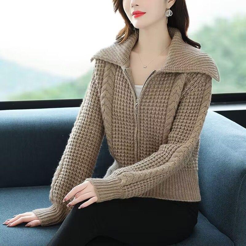 Frauen Strickjacke Reißverschluss Pullover Jacke Kurze Herbst und Winter 2022 lässig solide Langarm Revers Strickjacke Pullover weiblich One Size kamelfarben
