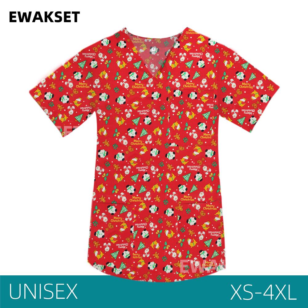 EWAKCOT Weihnachten Bedruckte Scrub Tops Damen Herren Arbeitsbluse Krankenschwester Arzt Krankenpflege Medizinisches Zubehör T-Shirt Unisex M
