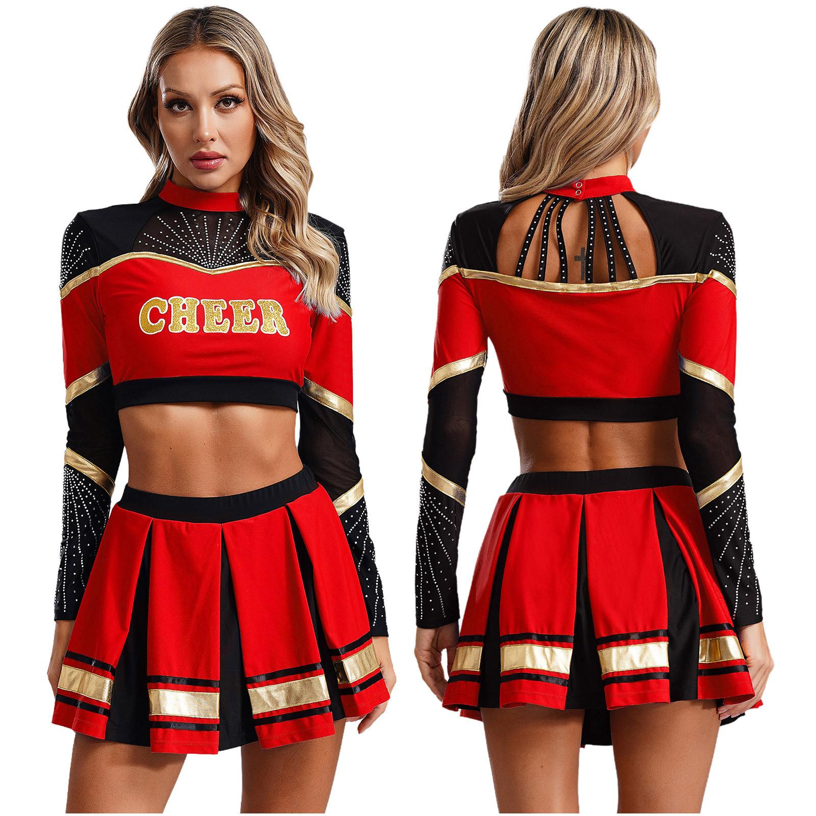 Cheerleader-Kostüme für Damen, Cheerleading-Uniformen, langärmeliges bauchfreies Top, plissierter A-Linien-Minirock, Performance-Tanzkleid M rot