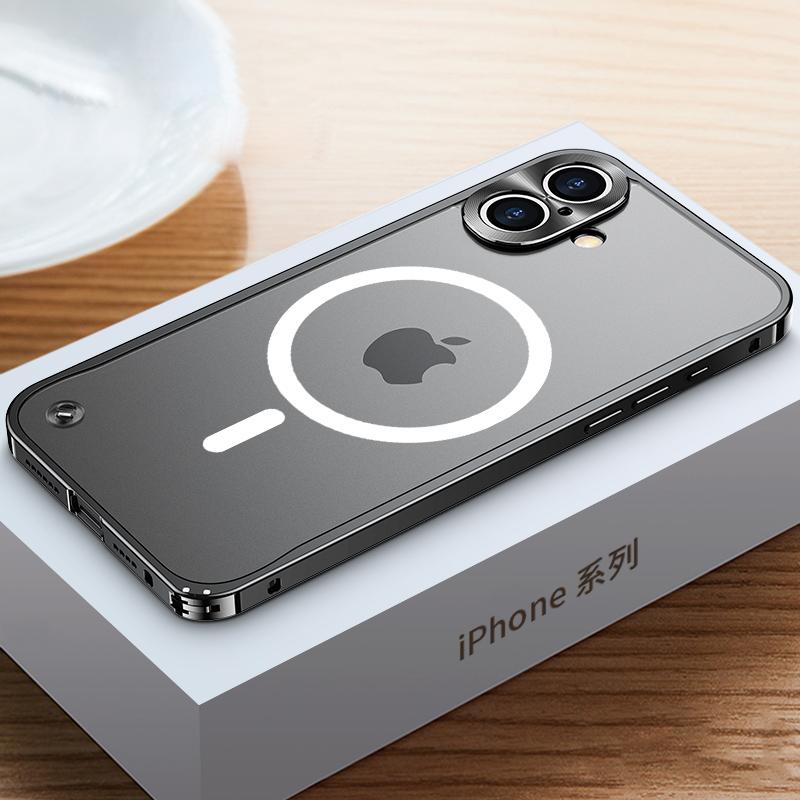 Magnetische Handyhülle mit Metallrahmen für iPhone 17 12 13 14 15 16 Pro Max Aluminiumlegierung Vollständiger Objektivschutz Abdeckung für iPhone 16 Galvanisierte Metall-Rückseite iPhone 16 Plus schwarz