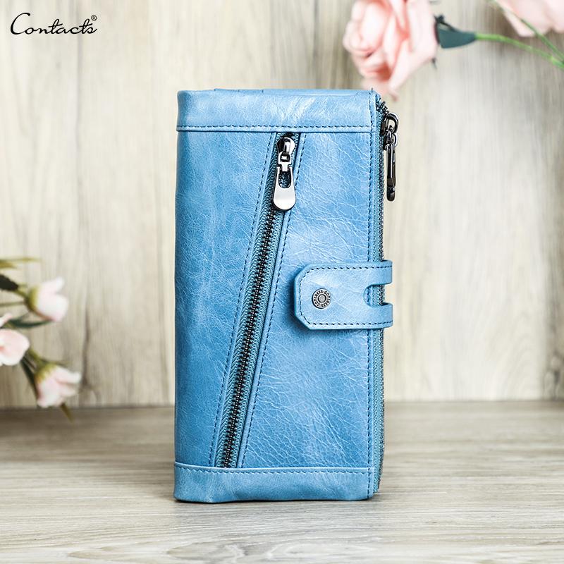 CONTACT'S Echtleder-Geldbörse, lange Clutch-Tasche für Damen, mit Reißverschluss, Handytasche, Münzgeldbörse, hochwertiger Kartenhalter blau