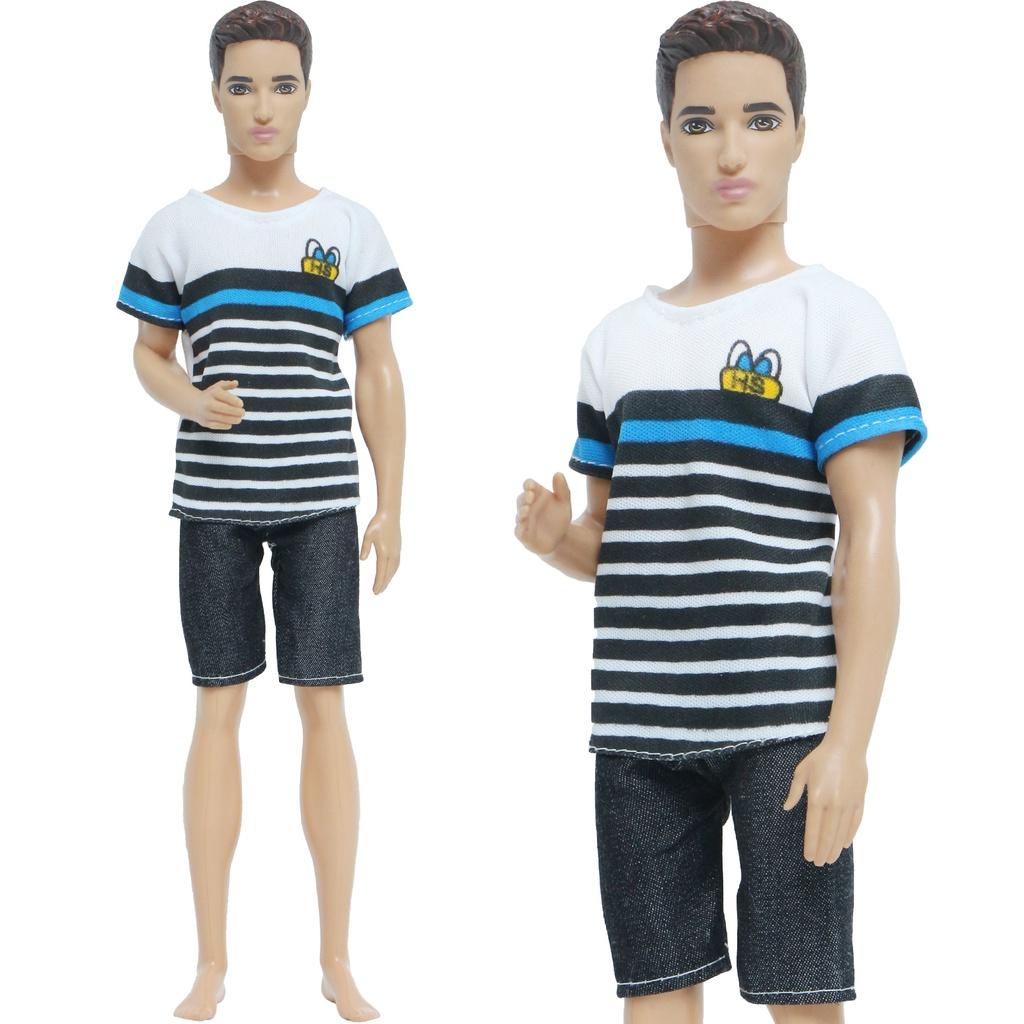 1 Set Puppen-Outfit für Ken-Puppen, Herren, Alltagskleidung, Mischung aus gestreiftem T-Shirt, Hemd, Hosen, Hosen, Shorts, Freizeitkleidung für Ken-Puppen, Kinderspielzeug-Zubehör weiß/blau