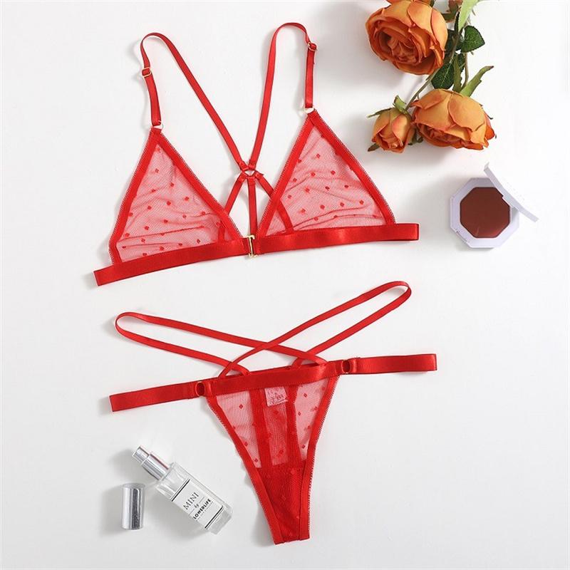 Frauen Bh Set Heiße Erotische Sexy Kostüme Spitze Unterwäsche Nahtlose Bh Tanga Dot Bralette Sexy Dessous Sets M rot