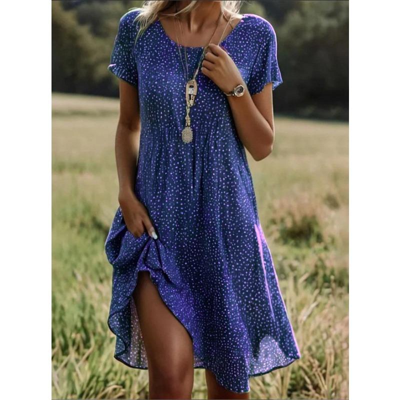 YYFS Damenmode Sommer Frühling Tupfenmuster Kurzarm O-Ausschnitt Lockere Taille Lässige Kleider XL blau