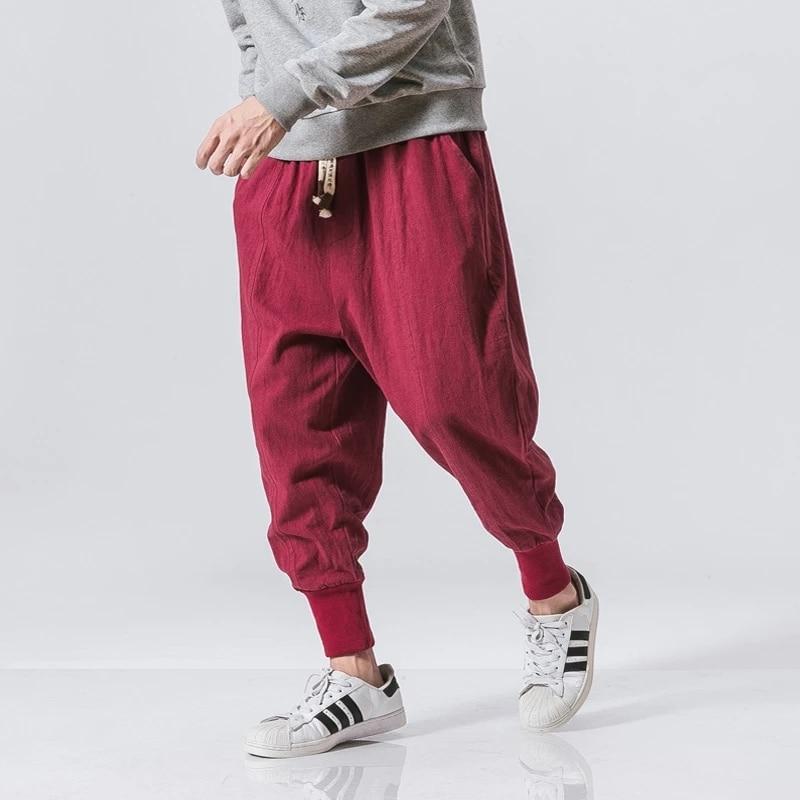 Baumwolle Leinen Harem Hosen Männer Feste Elastische Taille Streetwear Jogger 2022 Neue Baggy Drop-gabelung Hosen Casual Hosen Männer M brown
