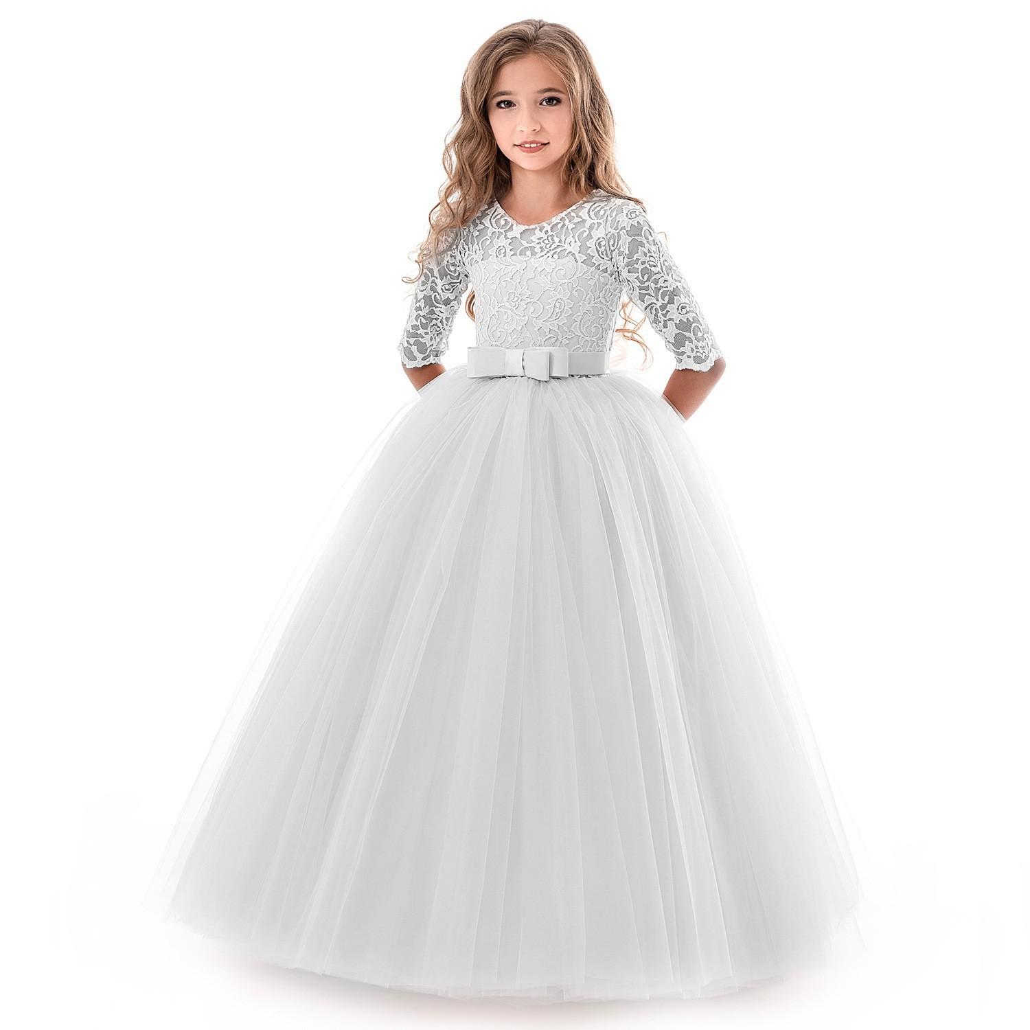 Sommer Langarm Mädchen Party Kleid Hochzeit Kleid Kinder Kleider Für Mädchen Kinder Abend Spitze Prinzessin Kleid 140 weiß