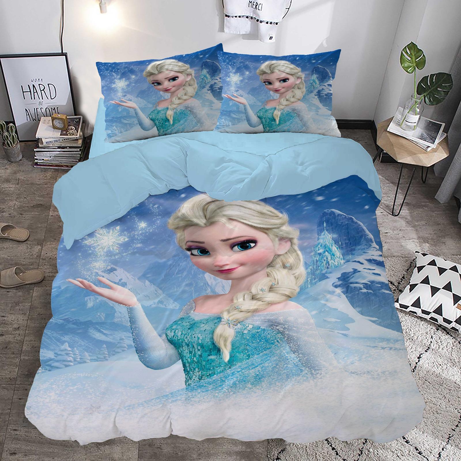 Eiskönigin Elsa und Anna Anime Bettwäsche-Set Comforte Bedrucktes Cartoon-Design Einzelbettgröße Bettwäsche-Sets Weihnachtsgeschenke 3-teilig AU Queen(210*210cm)3pcs