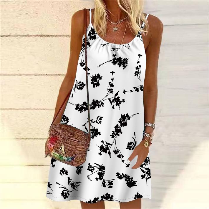 Frauen Blume Schwarz Pflanzen Gedruckt Mini Kleid Ärmelloses Party Kleid Sommer Strand Kleid Sommerkleid 4XL schwarz