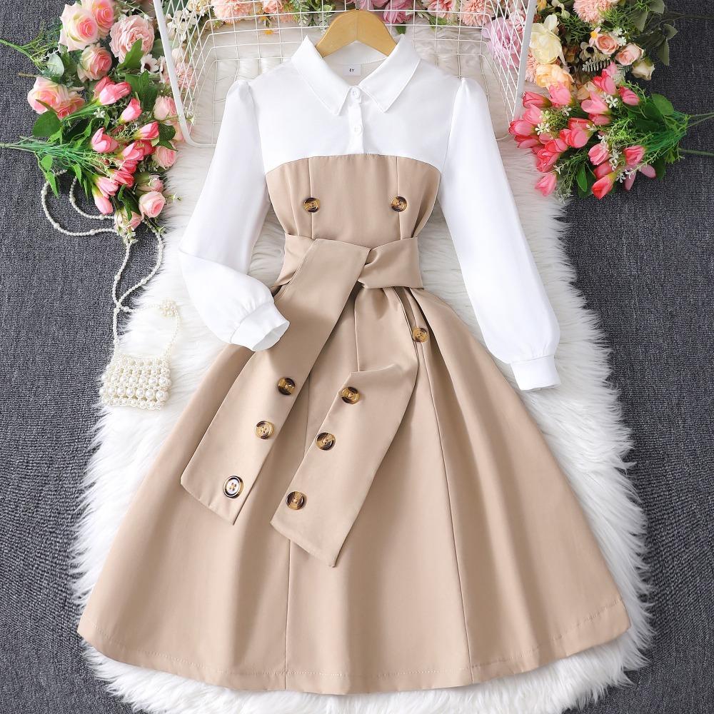 8-12J Mädchen Langarmkleid Herbst/Winter Kleid Patchwork Mode Kontrastfarben Minimalistisches Kleid 10Y khaki