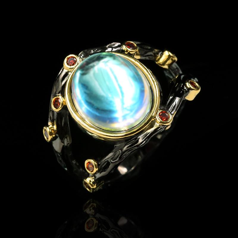 Mode Strichzeichnung Wickelnder Mondstein Doppellagiger Damenring Italien Schwarzgold Zweifarbig Schmuck Damenring Silberschmuck 10 white