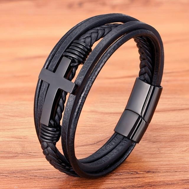 Luxuriöses mehrfarbiges Kreuz-Design, klassisches Edelstahl-Lederarmband für Herren, 19/21/23 cm. Wählen Sie schöne Weihnachtsgeschenke für Männer. 21cm schwarz