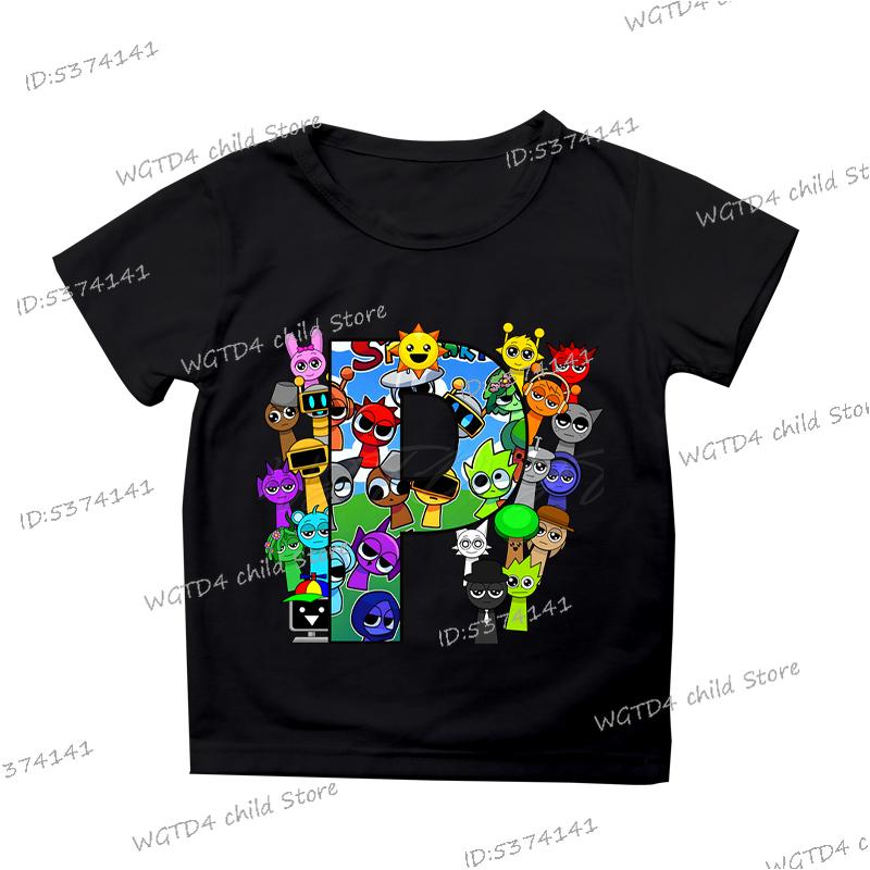 Sprunki Kinderkleidung Buchstabe AZ Cartoon Sprunki Mode T-Shirt Lustiges Kurzarm Y2K Tops Horror Game Jungen Mädchen T-Shirt 110 cm