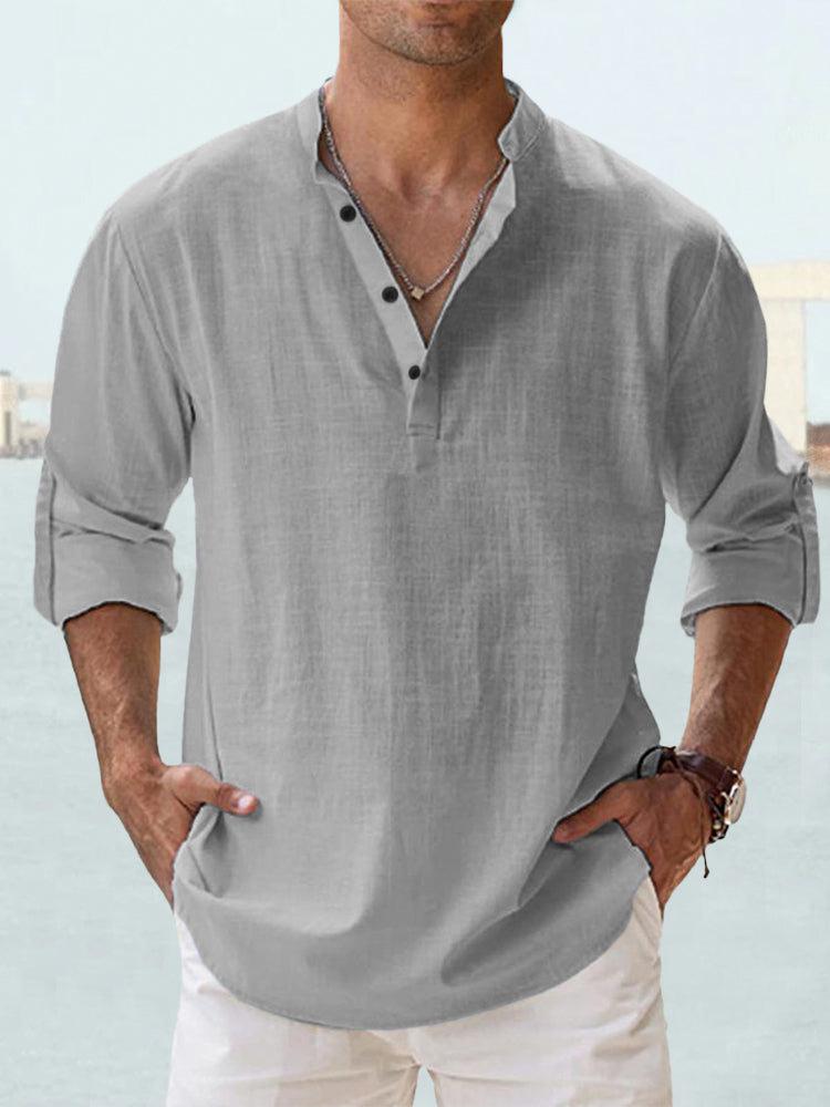Neues Baumwoll-Hanf-Hemd, lockeres Herren-Freizeithemd, leichtes Langarm-Henry-Strandhemd, Hawaii-T-Shirt, große Herren-Straßenkleidung L grau