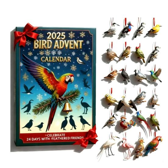 Vogel Adventskalender 2025 24 Tage Weihnachts-Countdown-Kalender mit Acryl 2D Vogel Hängedekoration Weihnachtsgeschenke für Kinder Vogelliebhaber A