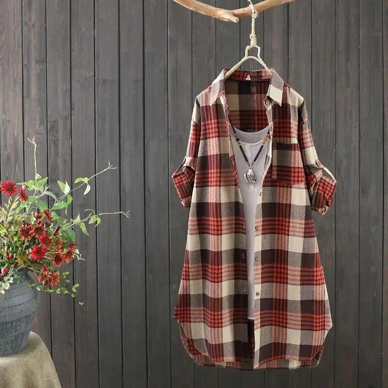 Vintage Casual Bluse Lose Plus Size Tops Damen Kleidung Mittellang Kariertes Hemd Damen Baumwolle Leinen Kleidung Damen Shirts XXXL rot