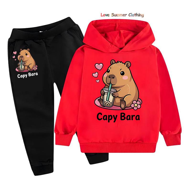 2-teiliges Mädchen Capybara Hoodie Jogginghosen Set Kinder Gemütliches Outfit Capybara Grafik Lässige Spielkleidung Maschinenwaschbar Alltag Sport Passendes Outfit für Jungen 100CM