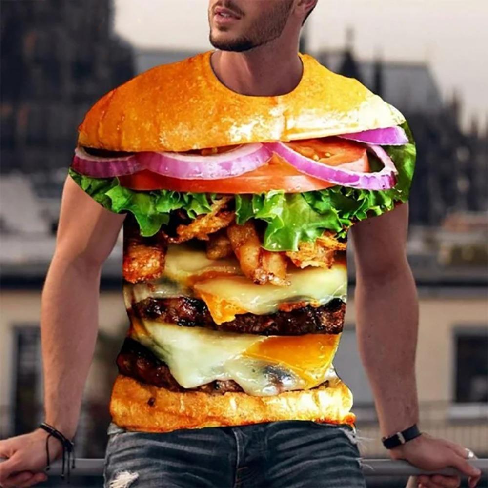 Lustige T-Shirts Hamburger Essen 3D-Druck Streetwear Herrenmode Übergroß Kurzarm T-Shirt Tees Tops Herrenbekleidung XL