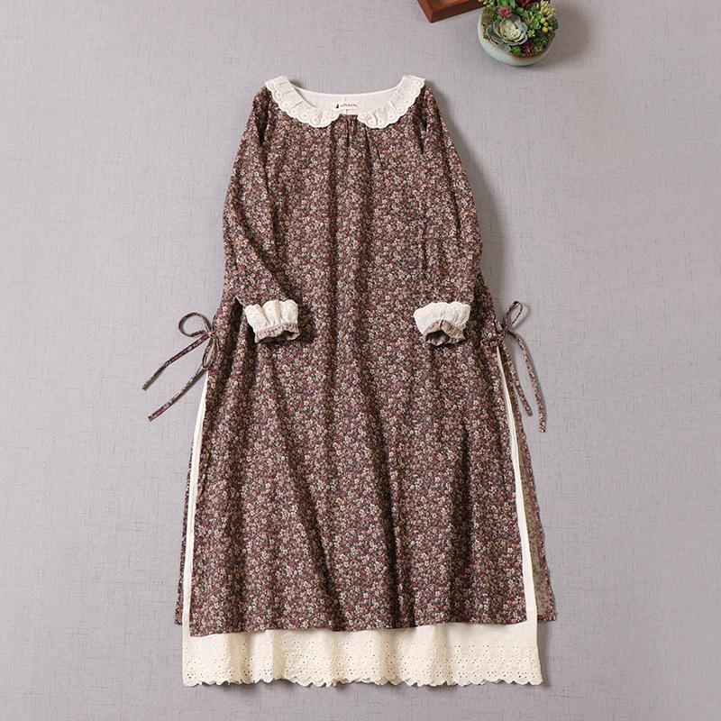 Japanisches Mori-Mädchen Frühling Herbst Damen Baumwoll-Leinen-Kleid Peter Pan Kragen Blumendruck Retro-Kleid Stickerei Aushöhlen Elegantes Vintage-Kleid One Size rosa