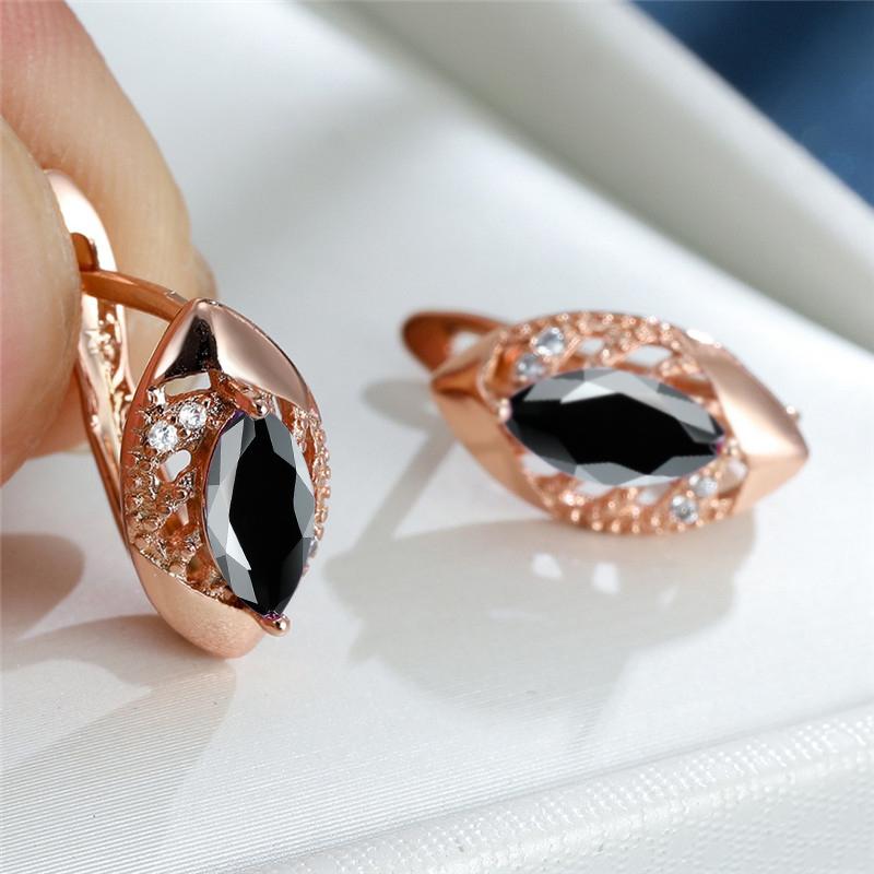 Roségoldfarbene Marquise-Schliff-Ohrringe, Lila, Rosa, Blau, Aqua-Kristall, Hakenohrringe, Geburtsstein-CZ-Tropfen-Ohrringe, hohle Blatt-Ohrringe schwarz